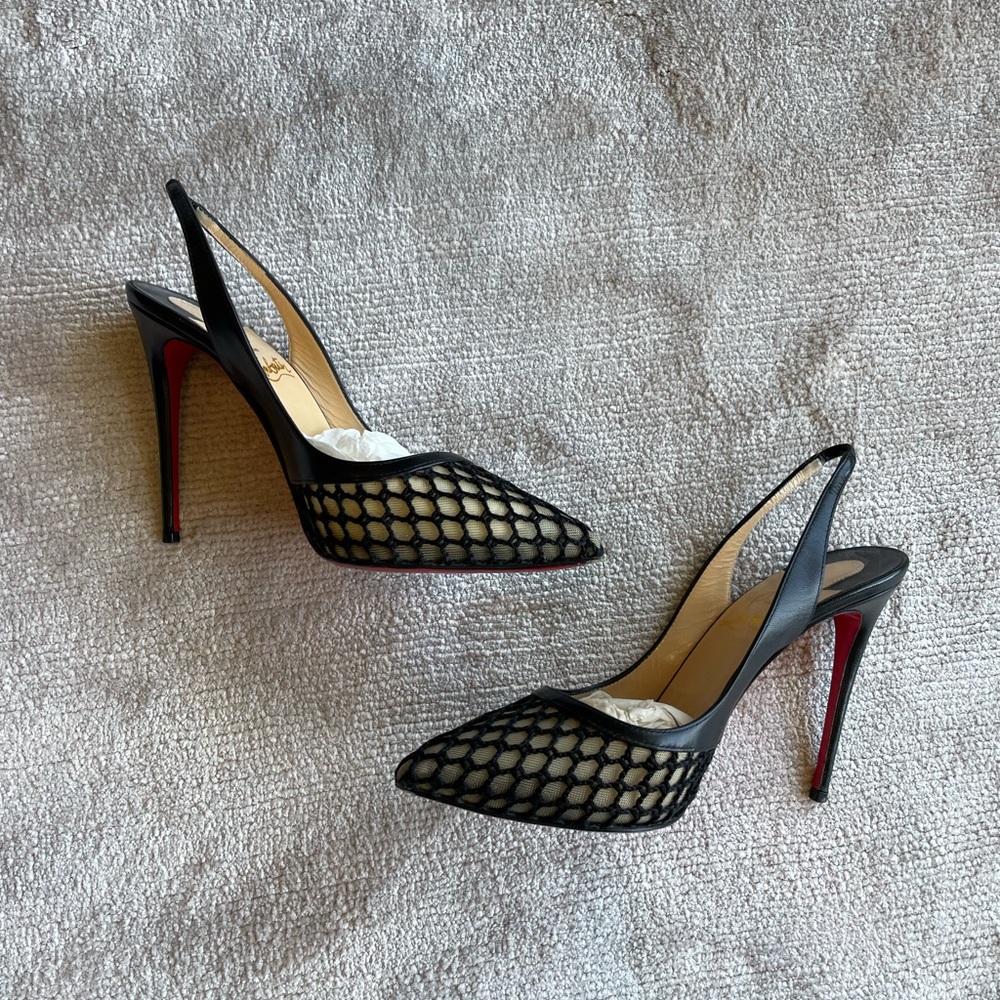 Christian Louboutin Black Leather And Mesh Miluna Slingback Sandals Size 37 - Picture 3 of 8